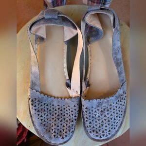 Gray suede flat shoes size UK 43, size 11 US,  cut out design open sides back